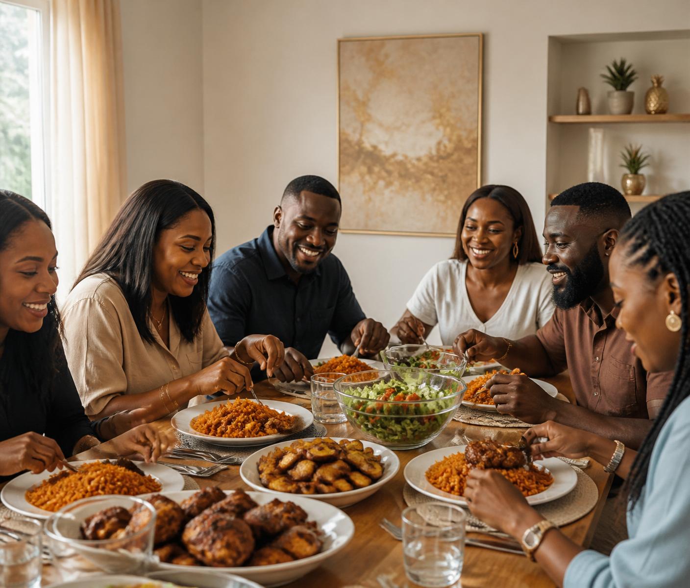 A Nigerian family and friends sharing a warm meal together
