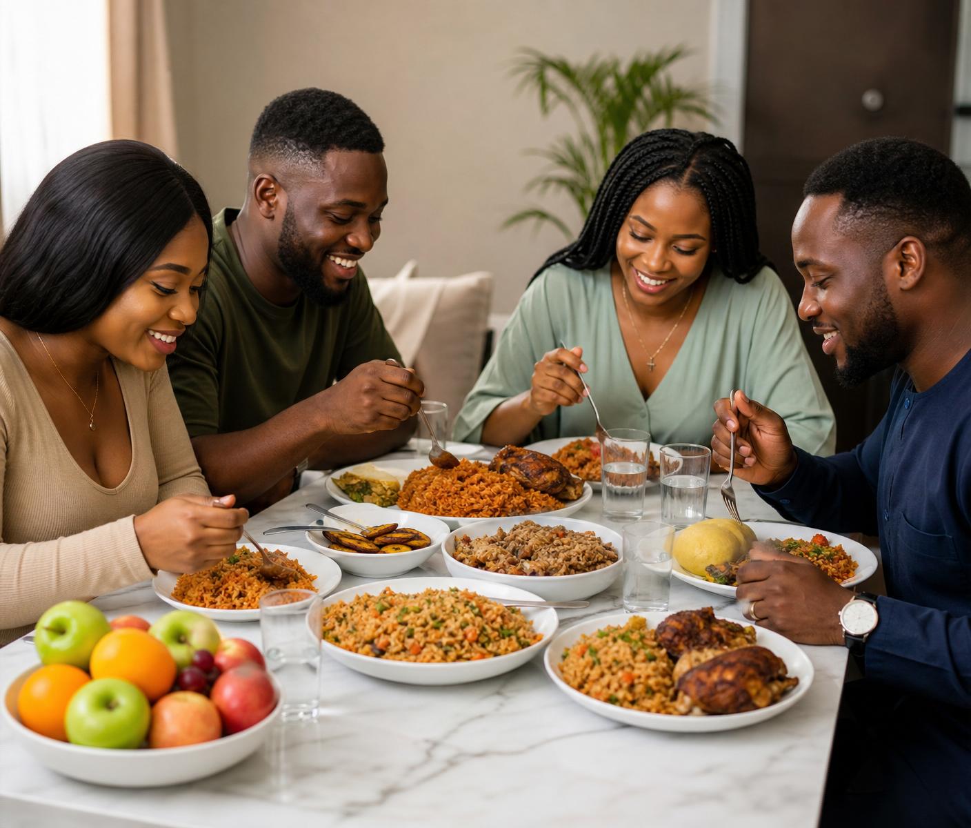 A Nigerian family and friends sharing a warm meal together
