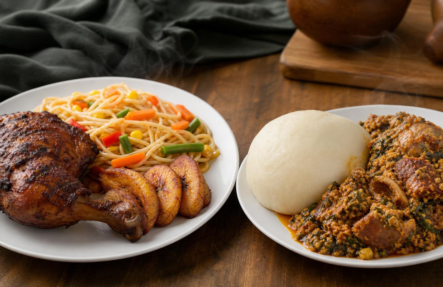 Assorted authentic Nigerian meals plated on white ceramic